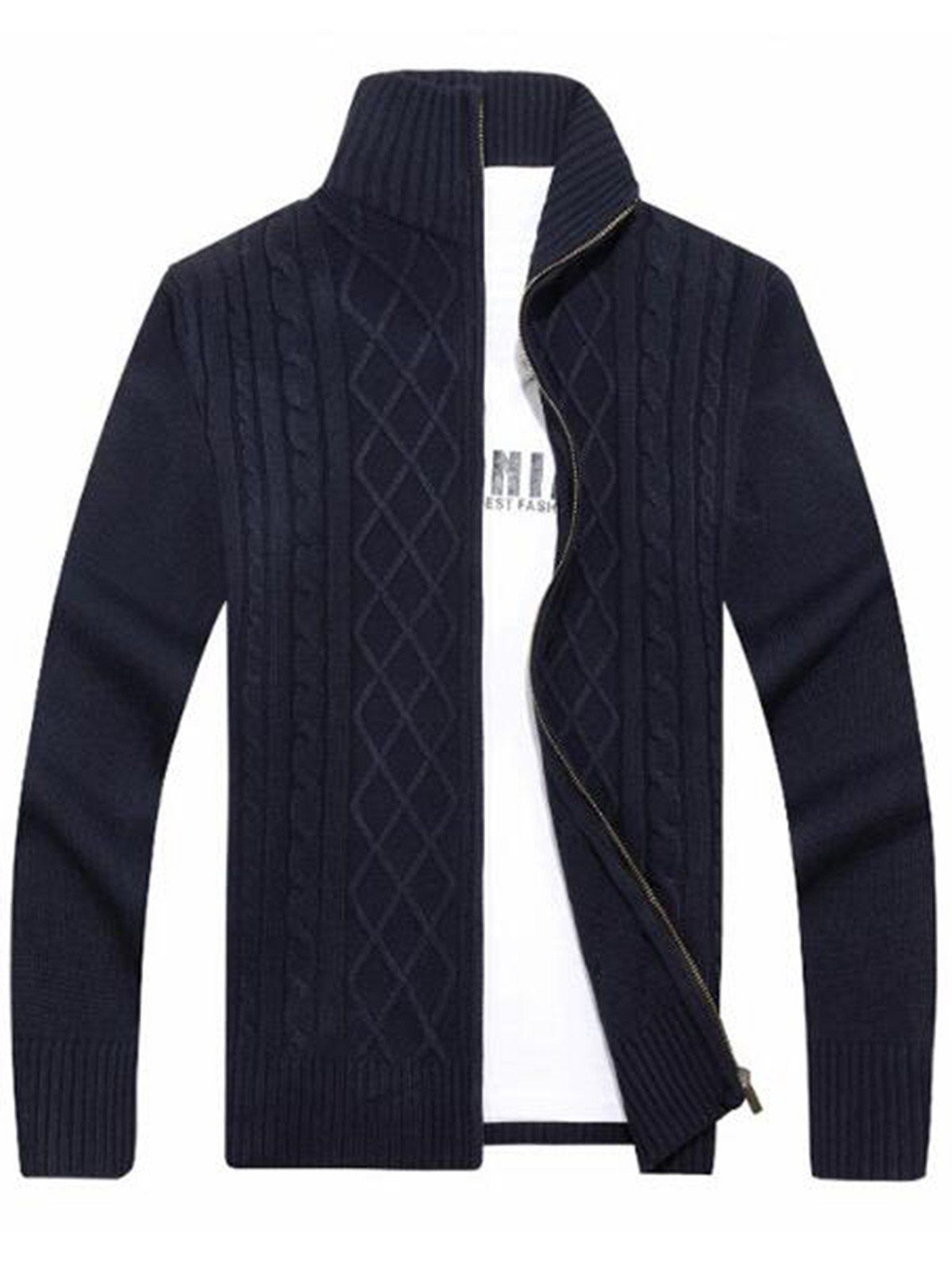 

High Neck Cable Knit Sweater Cardigan, Blue