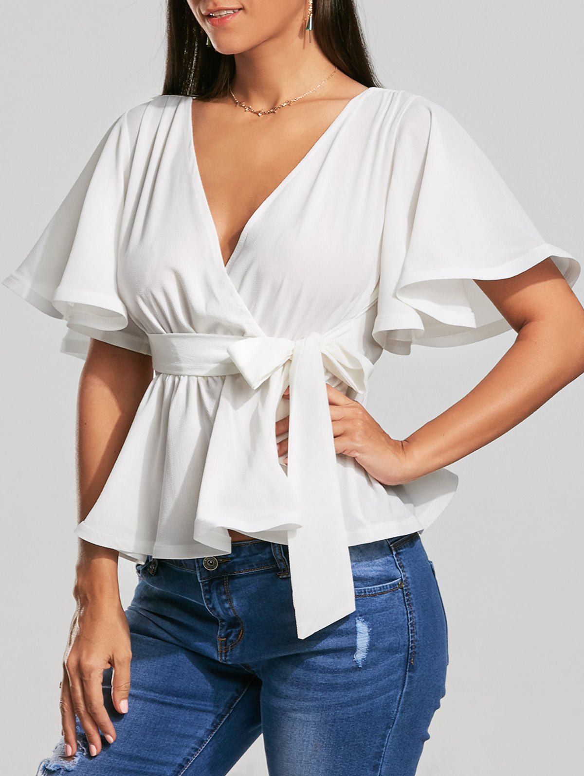[64% OFF] Plunging Neckline Bowknot Belted Peplum Surplice Blouse | Rosegal