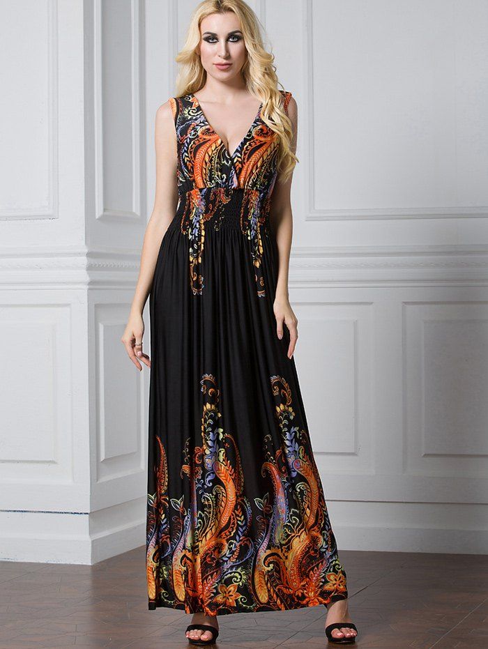 

Printed Surplice Smocked Panel Maxi Dress, Black