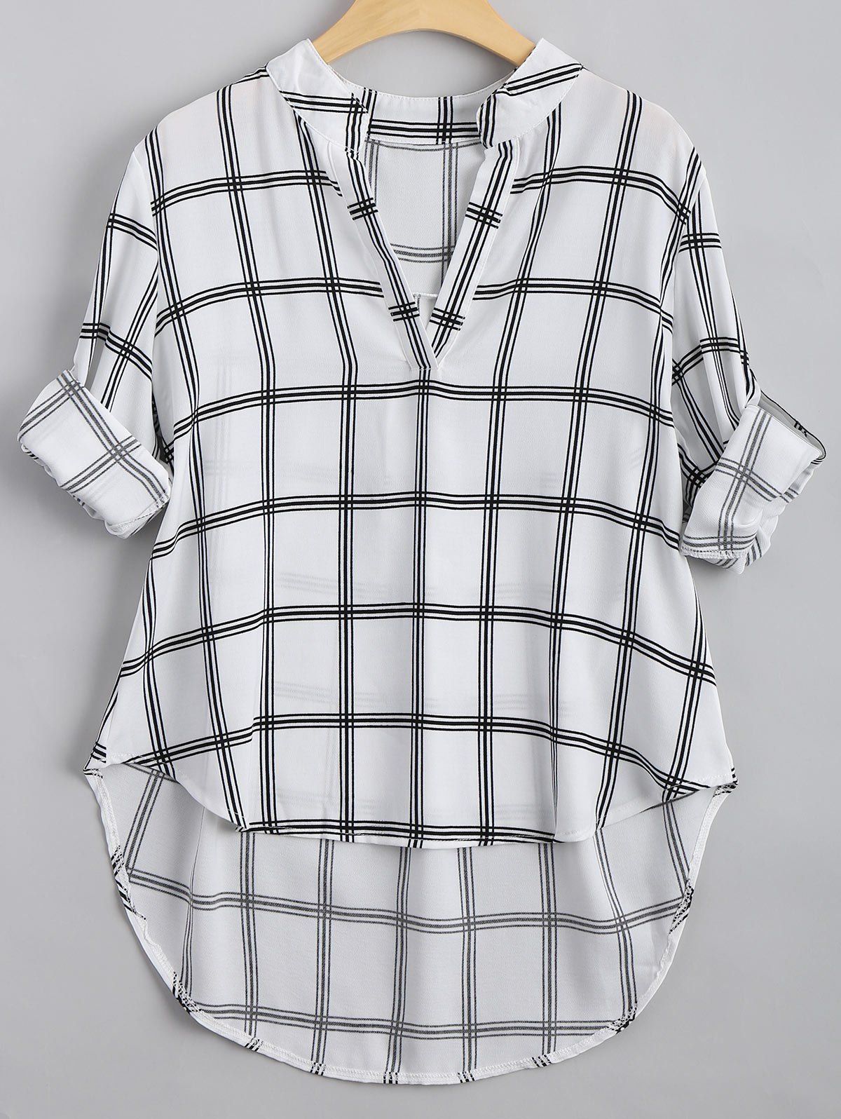 

V Neck Plaid High Low Blouse, Checked
