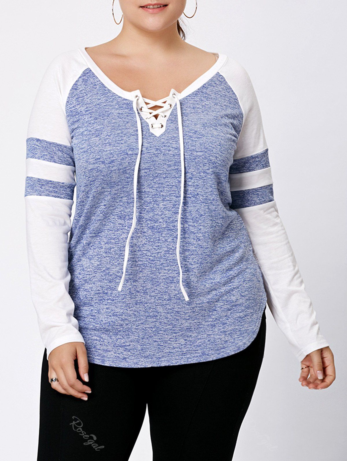 

Long Sleeve Plus Size Lattice Baseball Top, Light blue