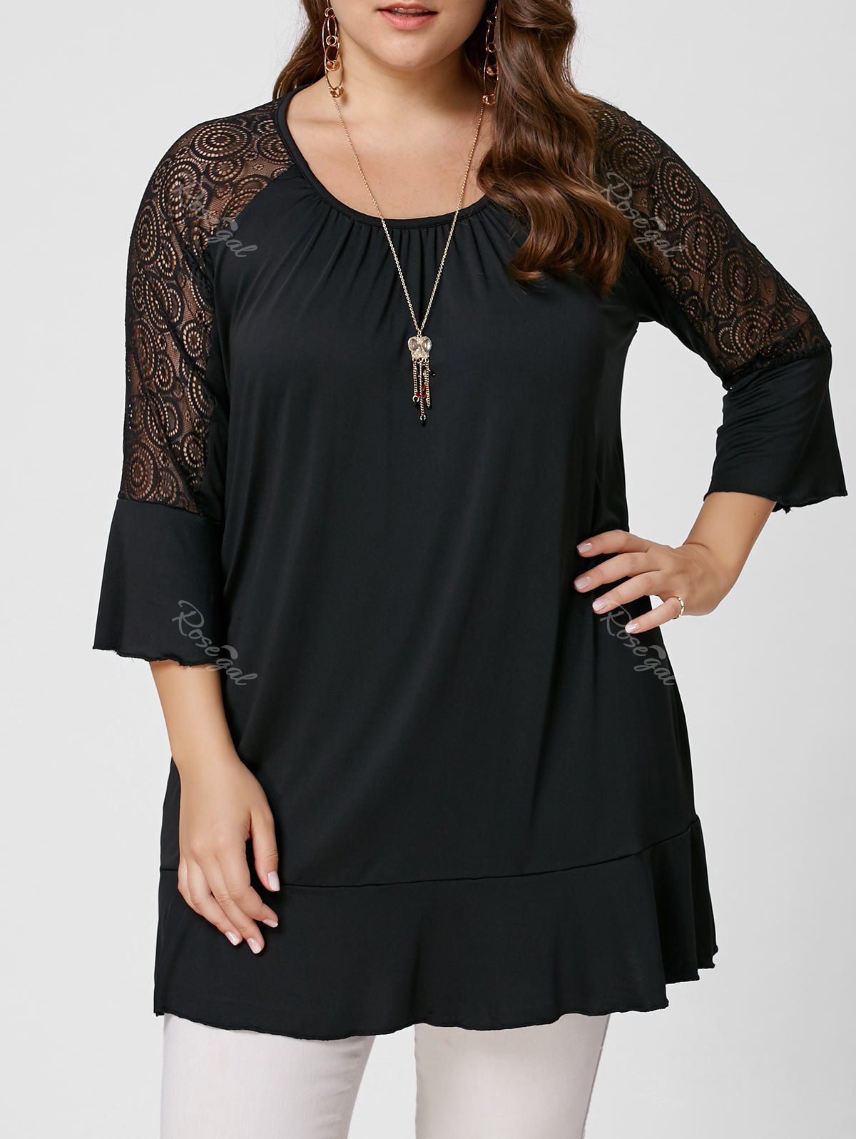 

Plus Size Lace Trim Tunic Tee, Black