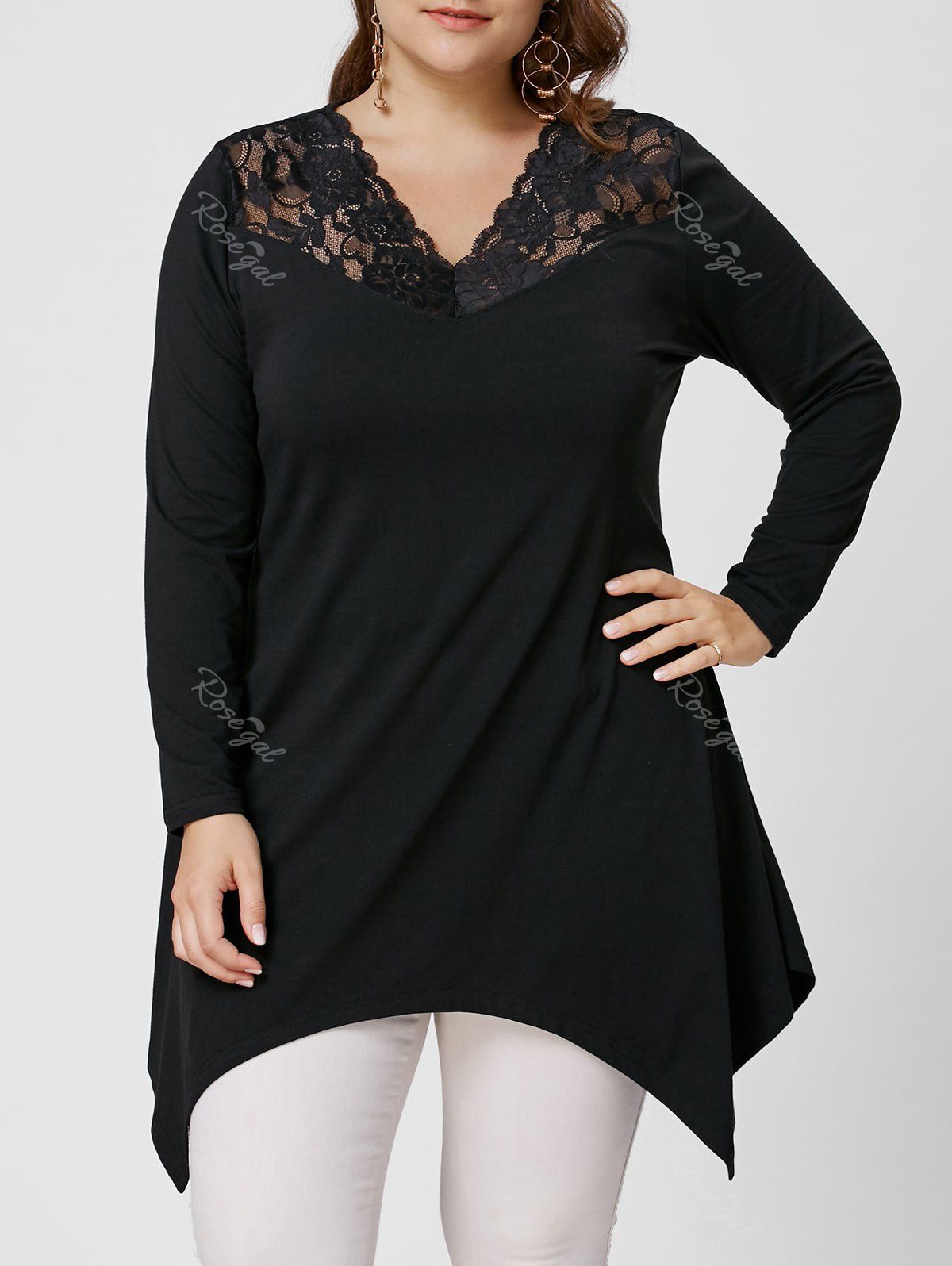 

Asymmetirc Lace Trim Long Sleeve Plus Size Tee, Black