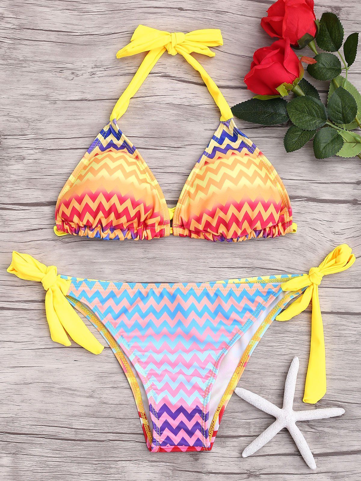 

Zigzag Print Halter Tied Bikini Set, Colormix