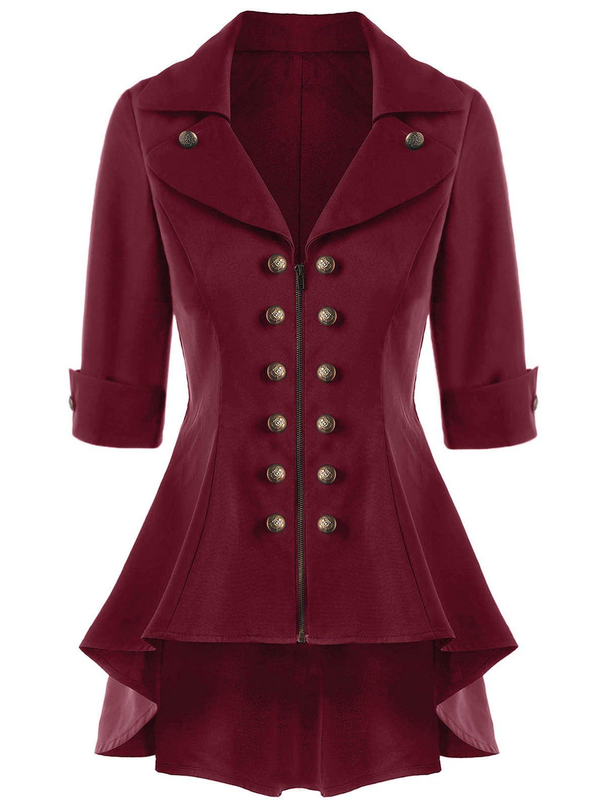 

Double Breasted High Low Flare Trench Coat, Wine red