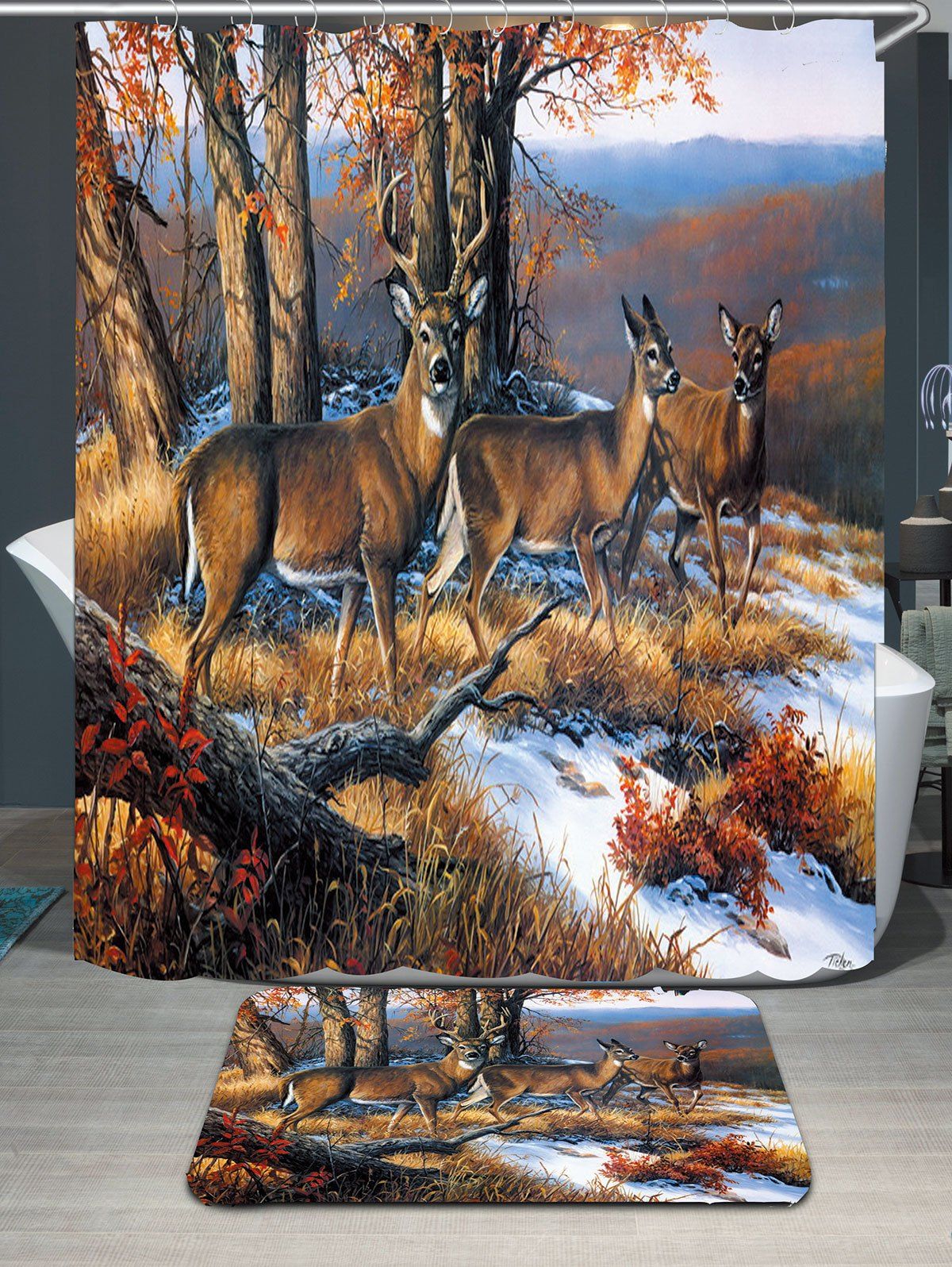 

Waterproof Snowfield Deer Printed Shower Curtain and Rug, Brown