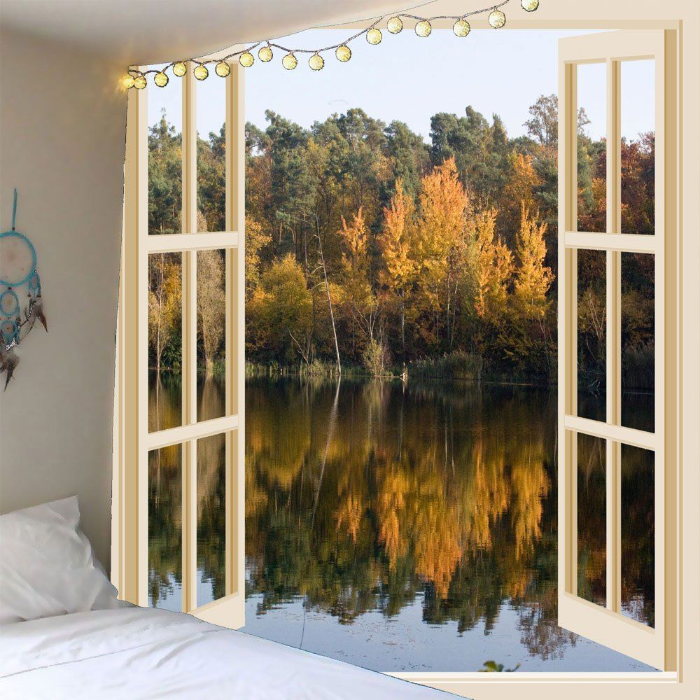 

Faux Window Lake Printed Waterproof Wall Hanging Tapestry, Colorful