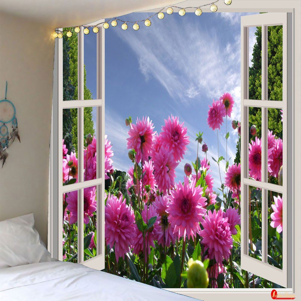 

Faux Window Floral Printed Waterproof Wall Hanging Tapestry, Colorful