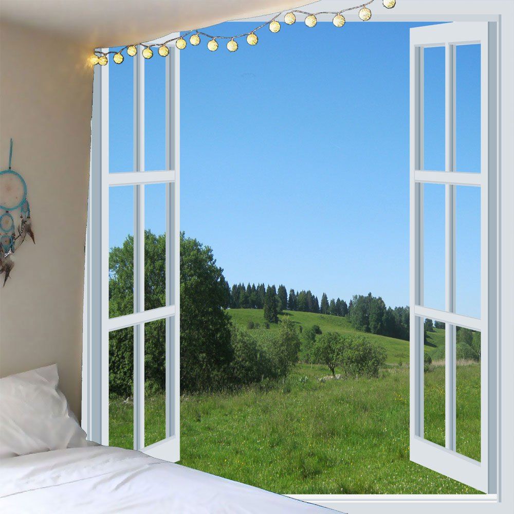 

3D Outside Window Plant Printed Waterproof Wall Tapestry, Green