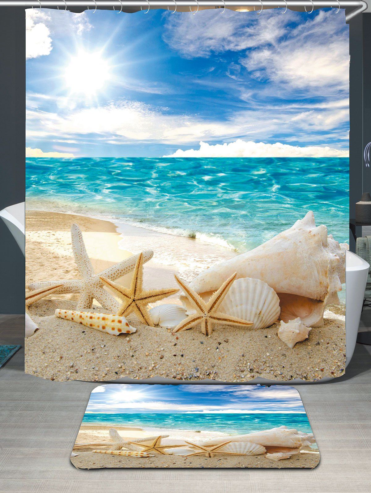 

Conch Shells Beach Waterproof Shower Curtain Rug Set, Blue