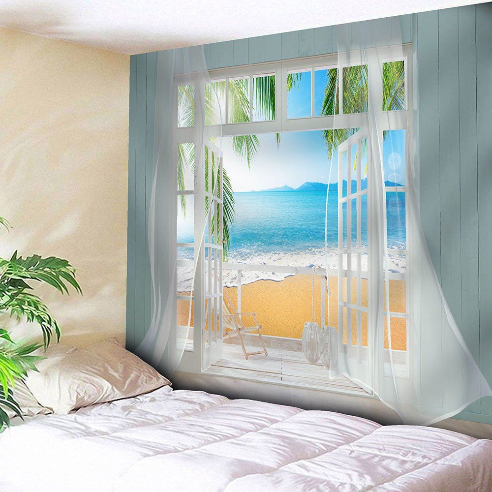 

Faux Window Beach Pattern Waterproof Wall Tapestry, Colormix
