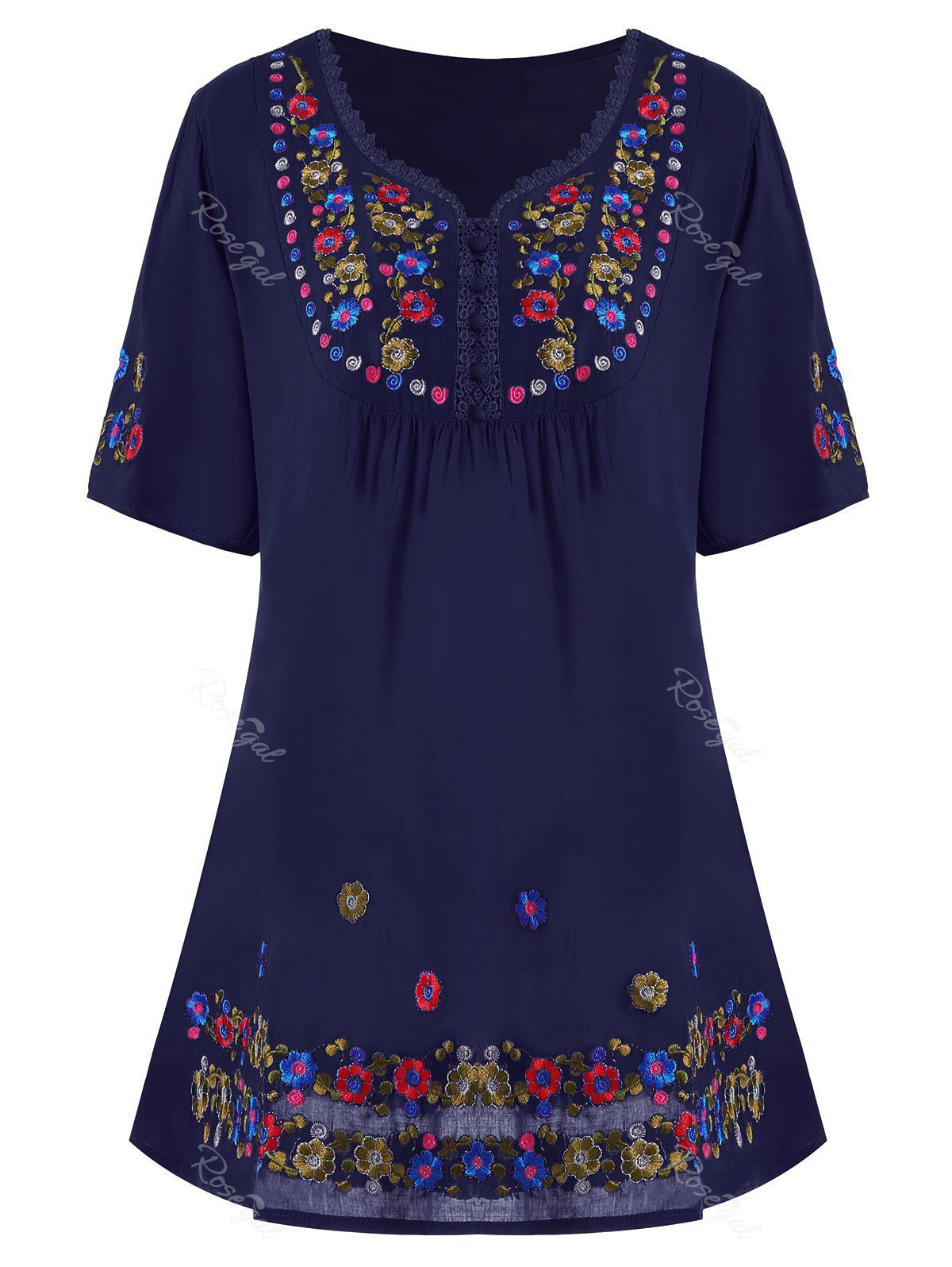 2018 Plus Size Floral Embroidered Tunic Top In Purplish Blue Xl ...