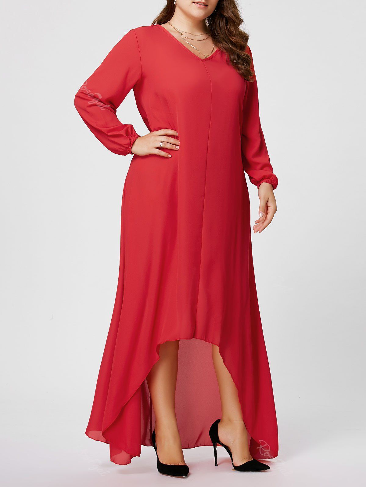 [45% OFF] Plus Size V Neck Long Sleeve Maxi Chiffon Flowy Dress | Rosegal