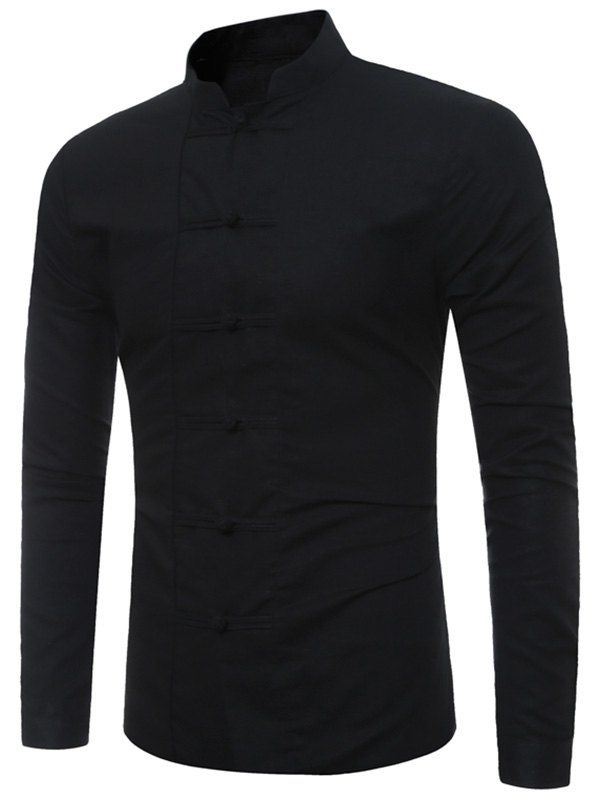 

Mandarin Collar Frog Button Shirt, Black