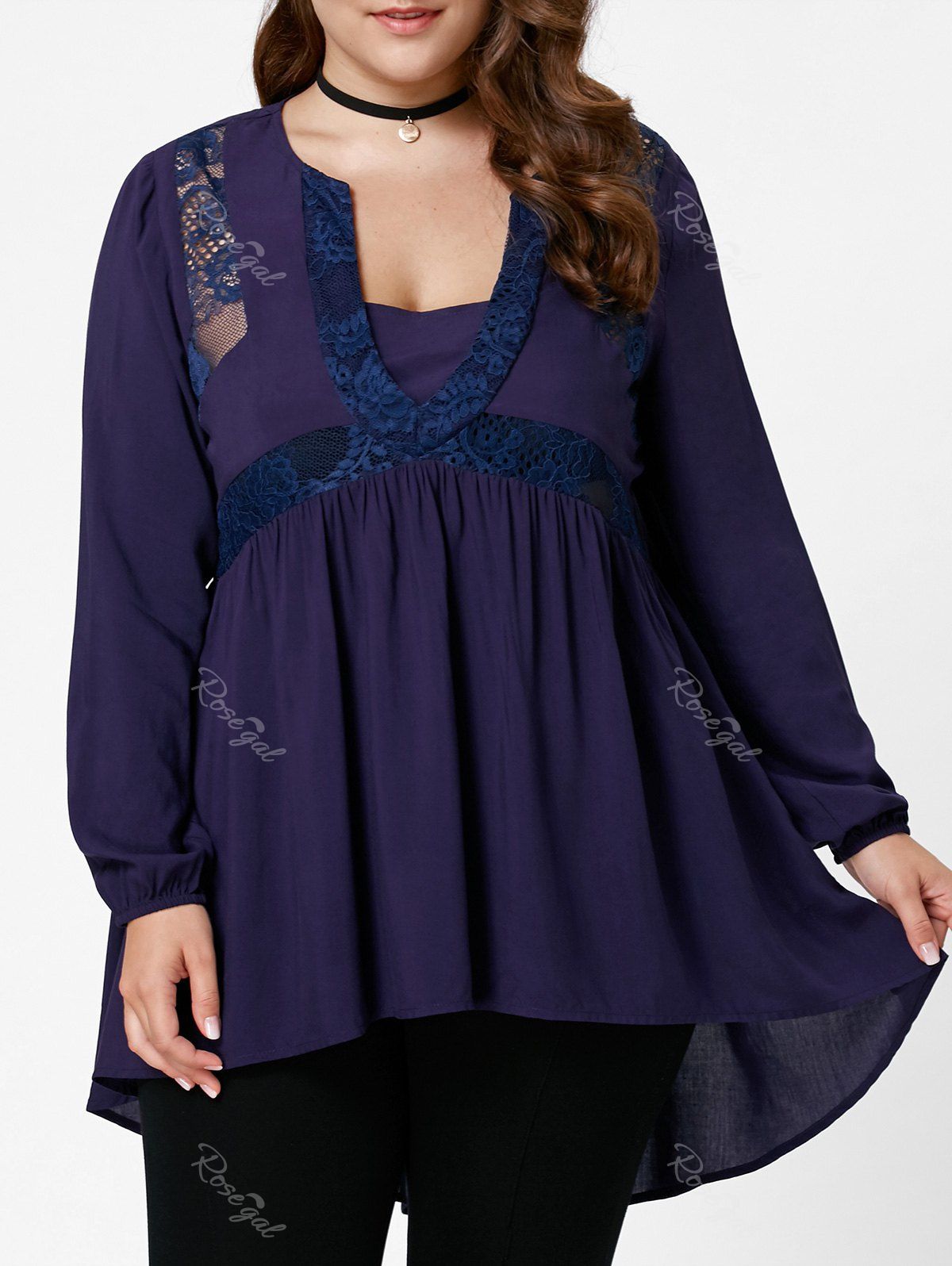 

High Low Lace Insert Plus Size Tunic Blouse, Deep purple