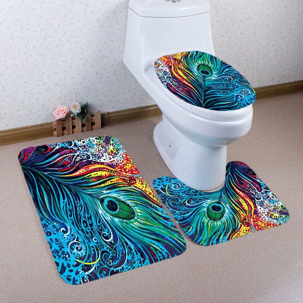 

Nonslip Peacock Feathers Printed 3Pcs Bathroom Rugs Set, Colorful