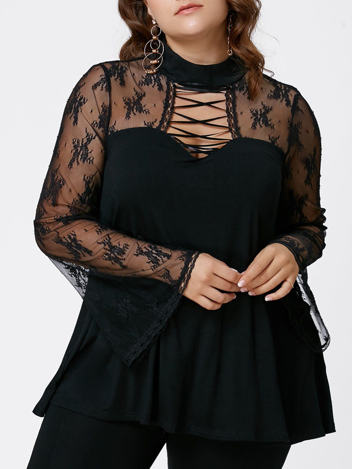 

Plus Size Criss Cross See Thru Flare Sleeve Blouse, Black