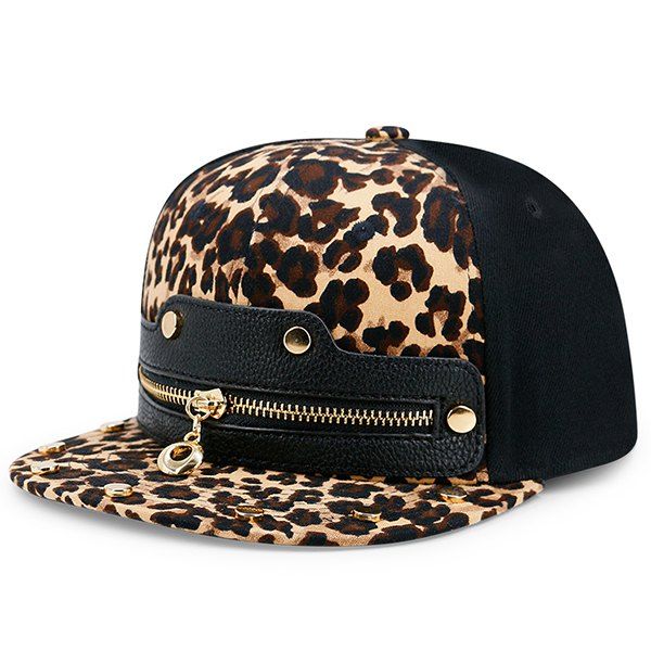 

Faux Leather Splicing Leopard Zipper Baseball Hat, Leopard print pattern