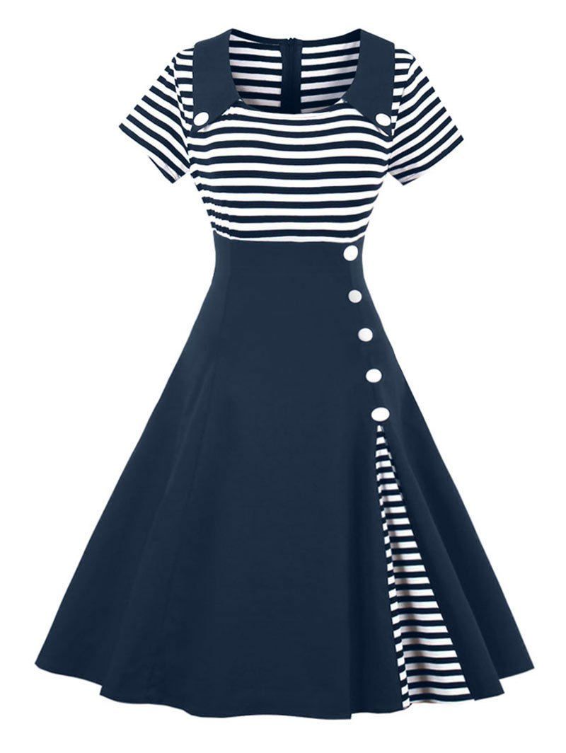 [46% OFF] Vintage Buttoned Stripe Pin Up Dress | Rosegal