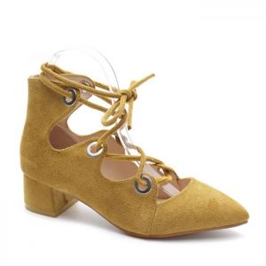 Lace Up Pointed Toe Chunky Heel Pumps