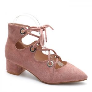 Lace Up Pointed Toe Chunky Heel Pumps