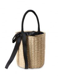 Straw Cylinder Shaped Ribbon Tote Bag