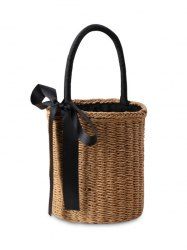 Straw Cylinder Shaped Ribbon Tote Bag