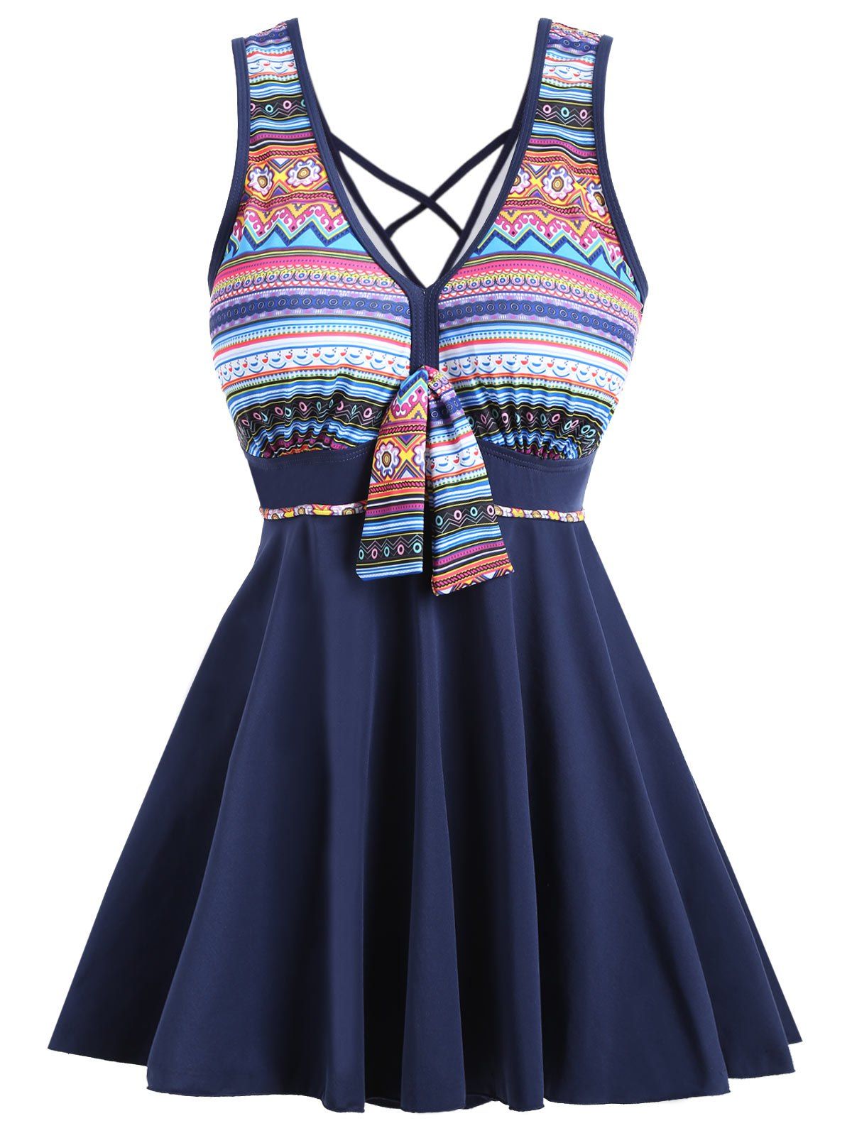 

Cross Back Plus Size Skirted One Piece Swimsuit, Colormix