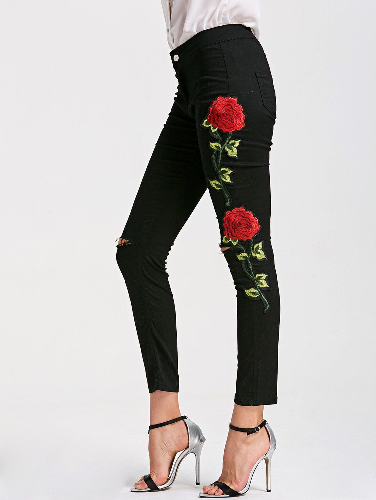 [59% OFF] Skinny Ribbed Floral Embroidery Pants | Rosegal