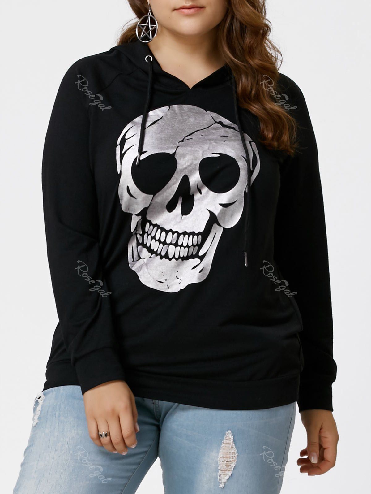 

Plus Size Raglan Sleeve Skull Print Hoodie, Black