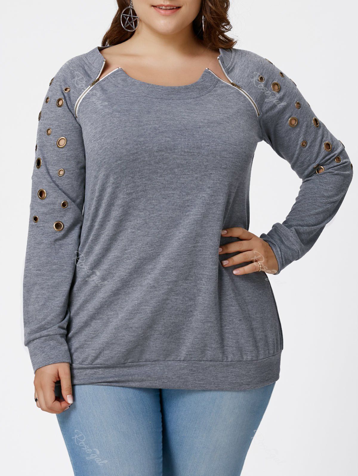 

Plus Size Grommets Embellished Sweatshirt, Gray