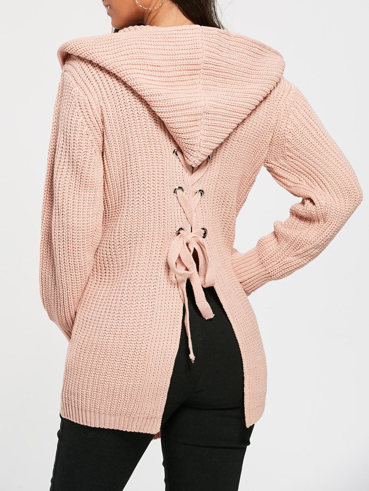 Outfits Lace Up Back Open Front Hooded Cardigan  