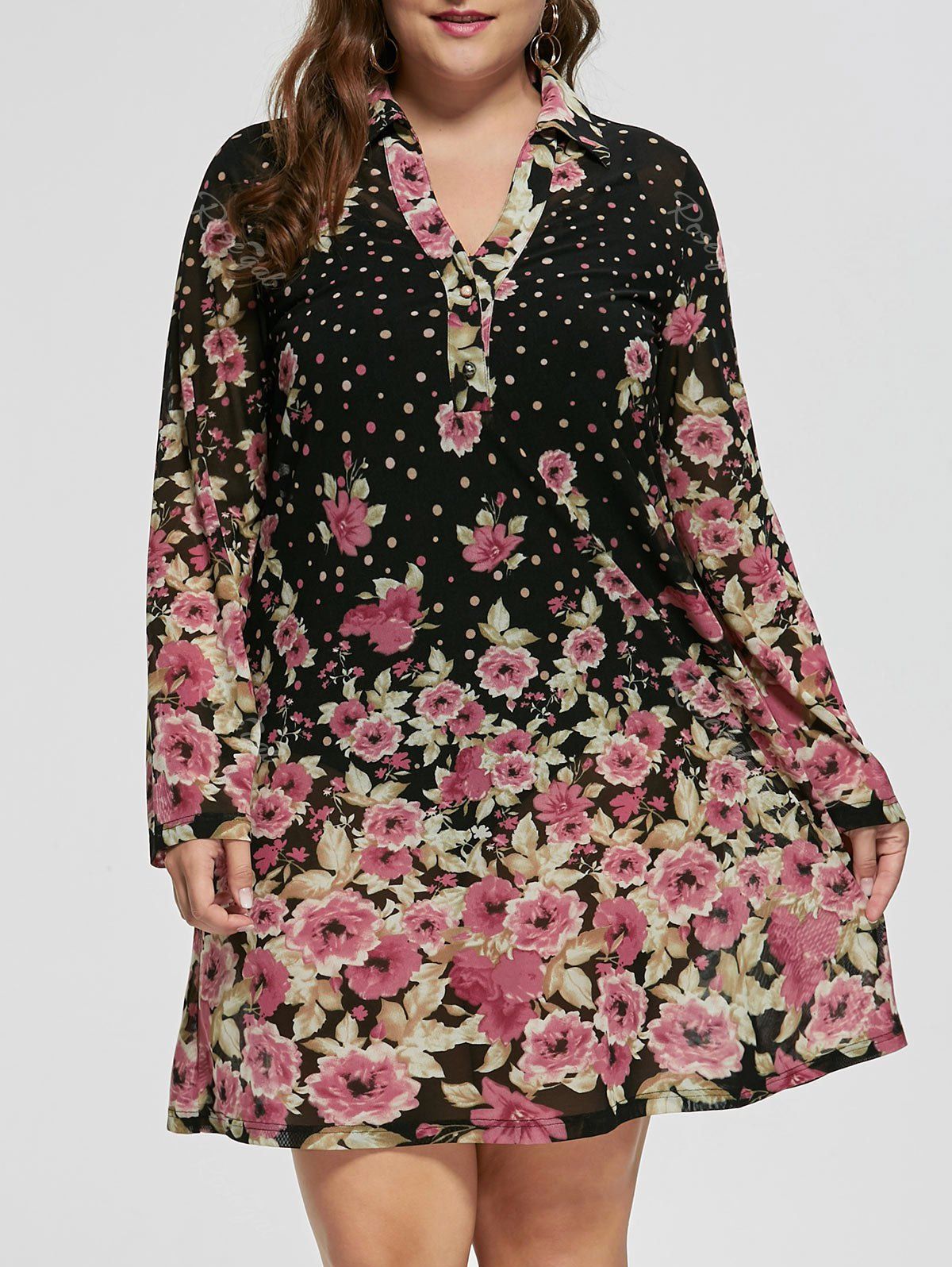 

Plus Size Sheer Floral Long Sleeve Dress, Black
