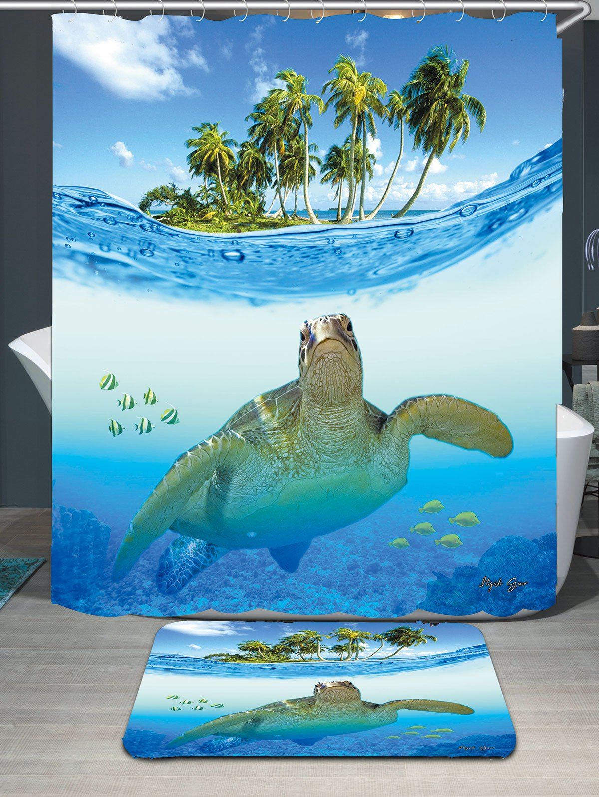 Sea Turtle Waterproof Shower Curtain Carpet Set, Blue