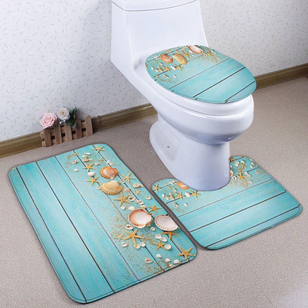 

Plank Shell Starfish Flannel 3Pcs/Set Bath Toilet Mats, Sky blue
