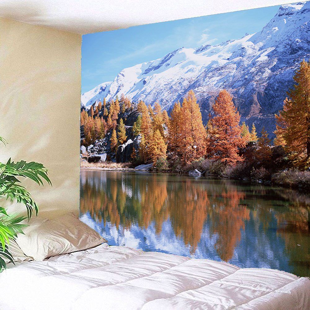Snow Mountains Trees Lake Waterproof Hanging Tapestry
