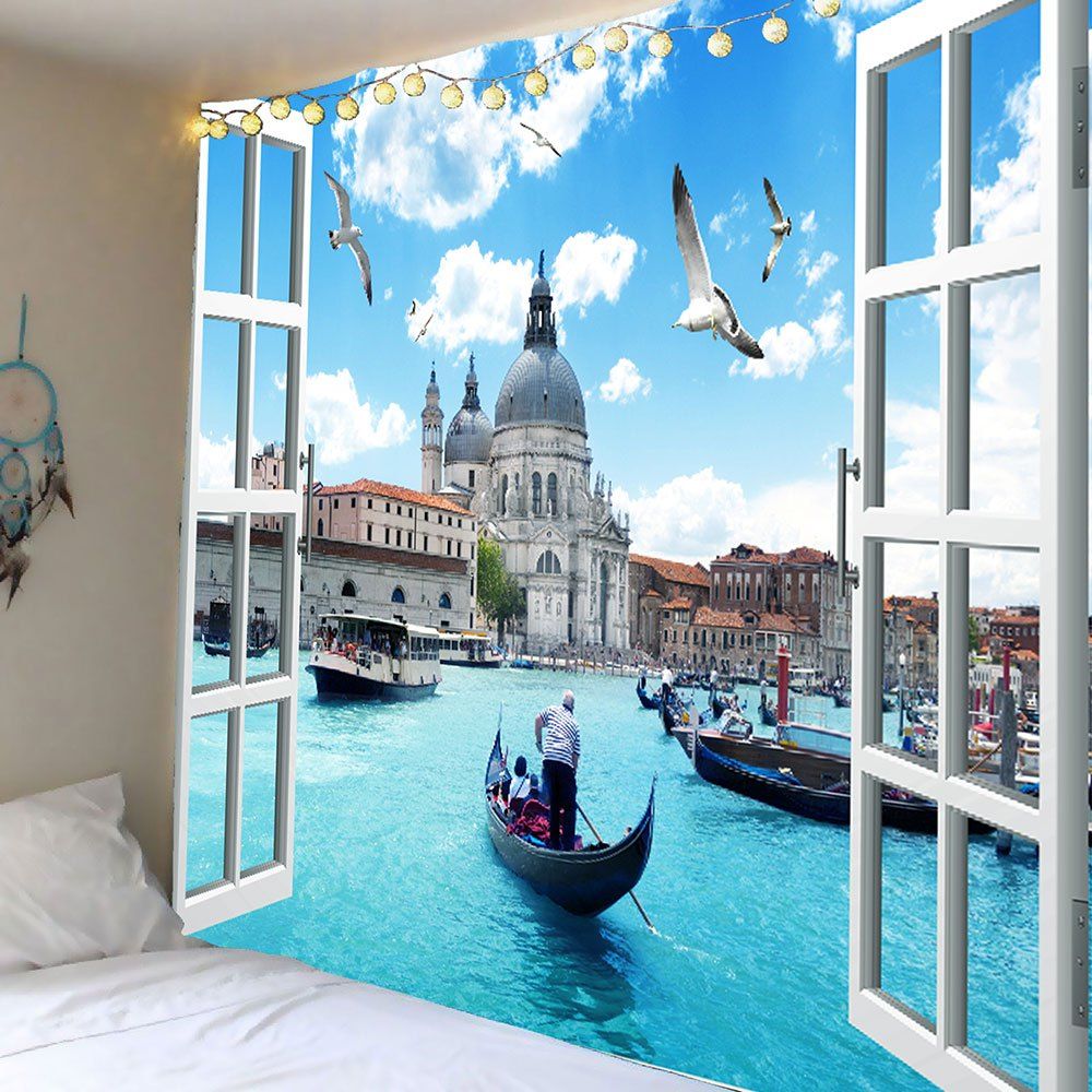 Virtual Window Buildings Printed Wall Art Tapestry, Blue
