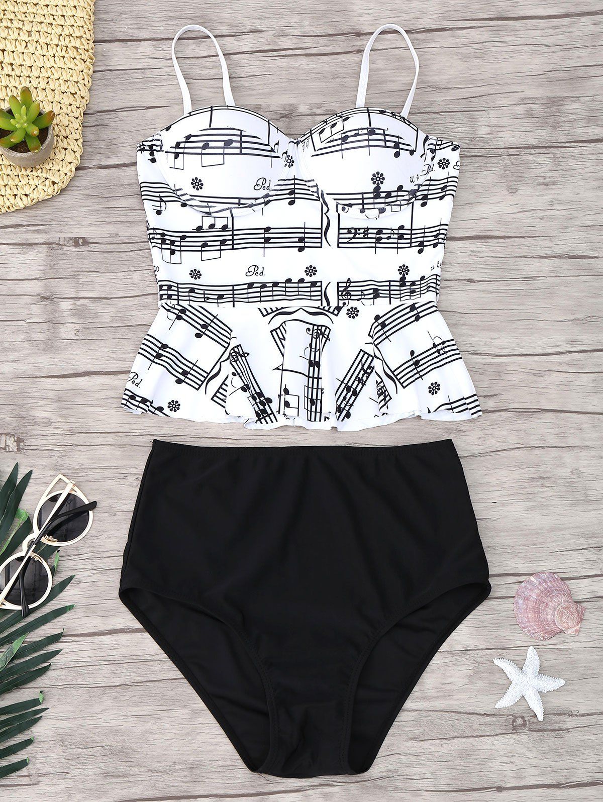 

Musical Notes Flounce Peplum Tankini Set, White and black