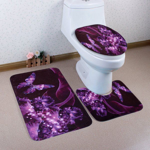 

Butterfly Floral Pattern 3 Pcs Bath Mat Toilet Mat, Purple