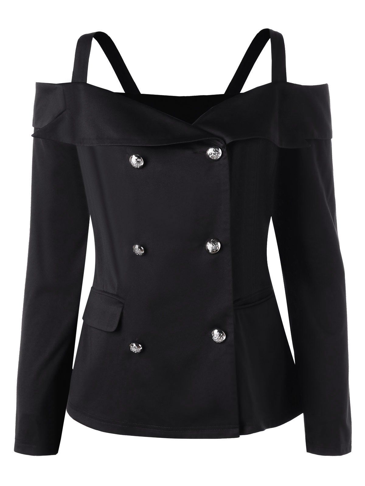 

Plus Size Long Sleeve Double Breasted Cold Shoulder Top, Black