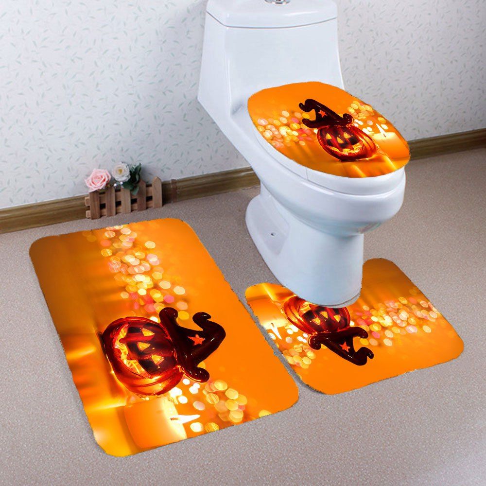 

Halloween Pumpkin Candle Printed 3Pcs Bathroom Mats Set, Orange