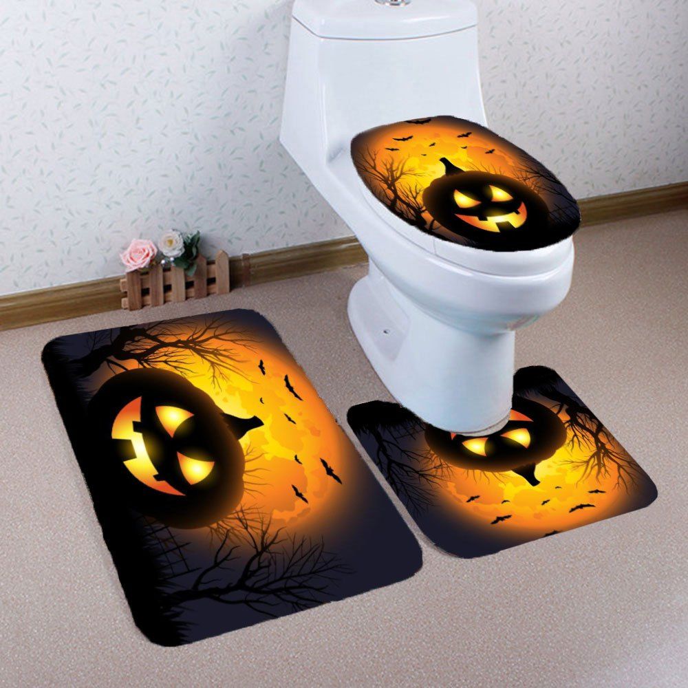 

Halloween Pumpkin Withered Tree Printed 3Pcs Toilet Bathroom Mats, Black and orange