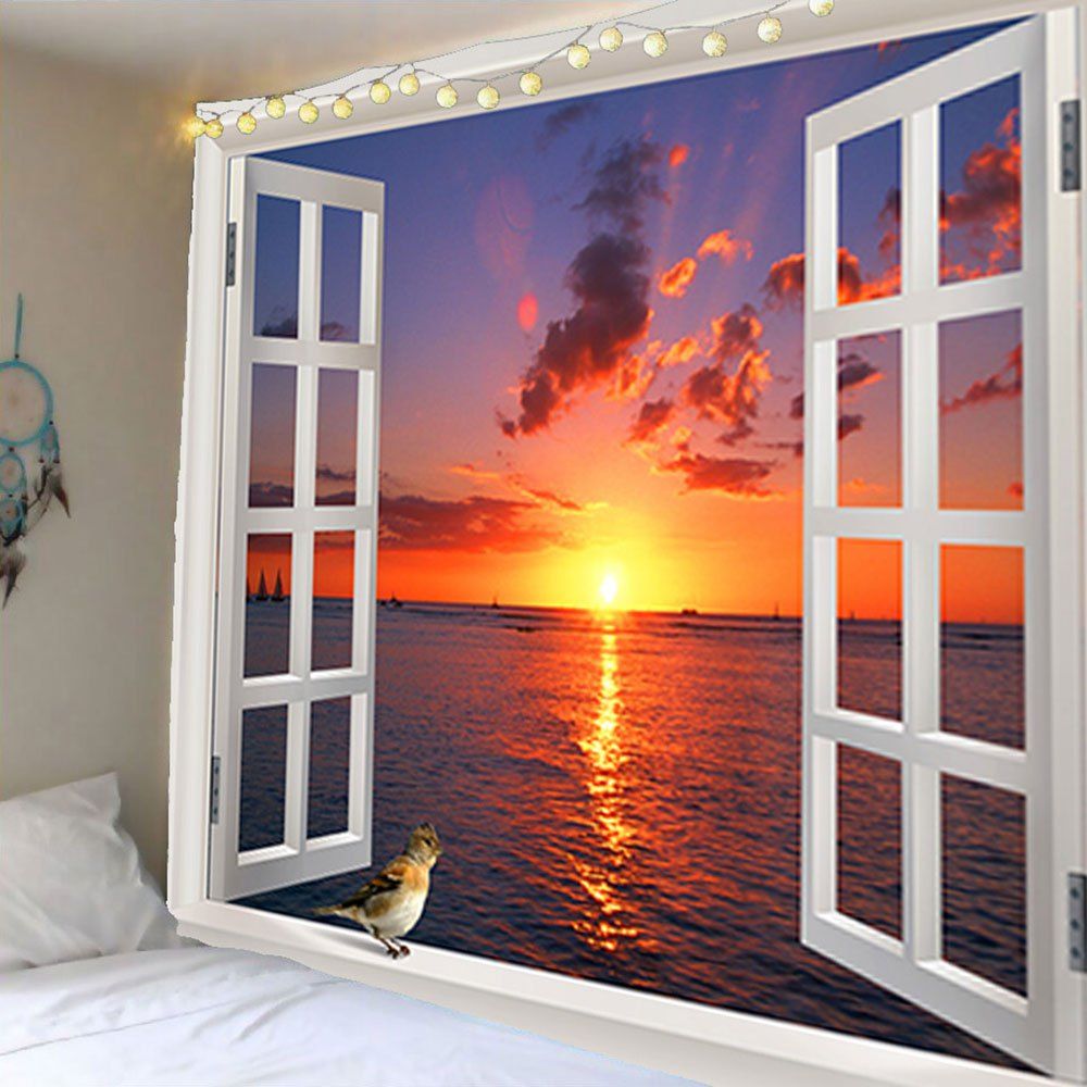 

Window Sunset Bird Waterproof Wall Tapestry, Colorful