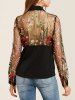 Flower Embroidered Lace Insert Long Sleeve Shirt -  