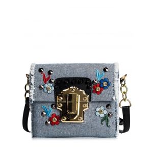 Denim Rivets Embroidered Crossbody Bag