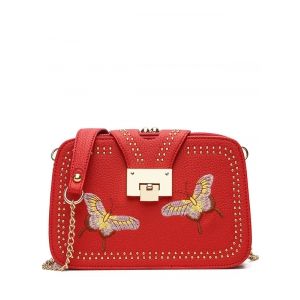 Embroidery Studded Chain Crossbody Bag