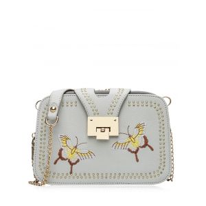 Embroidery Studded Chain Crossbody Bag