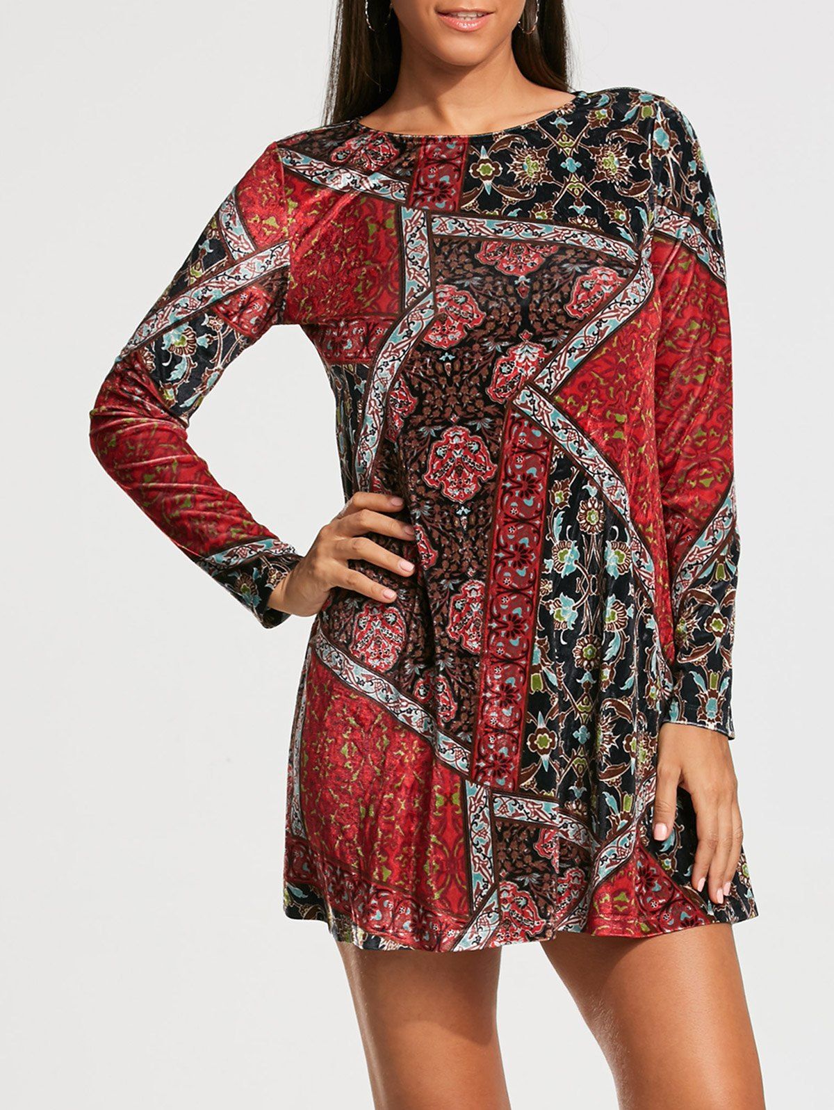 

Patchwork Print Long Sleeve Tunic Shift Dress, Colormix