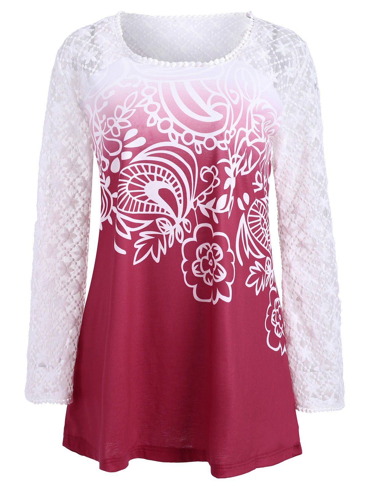 

Lace Panel Long Sleeve Ombre Top, Red