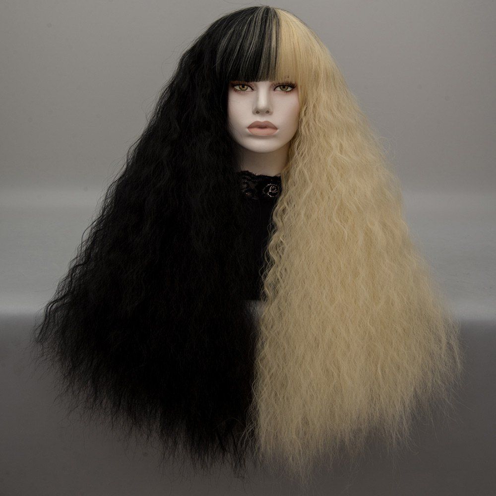 

Long Neat Bang Two Tone Shaggy Curly Wave Lolita Cosplay Wig, Black and golden